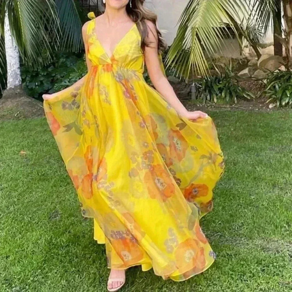 STAUD Dandelion Printed Organza Maxi Dress in Goldie Size 10 - Picture 15 of 16